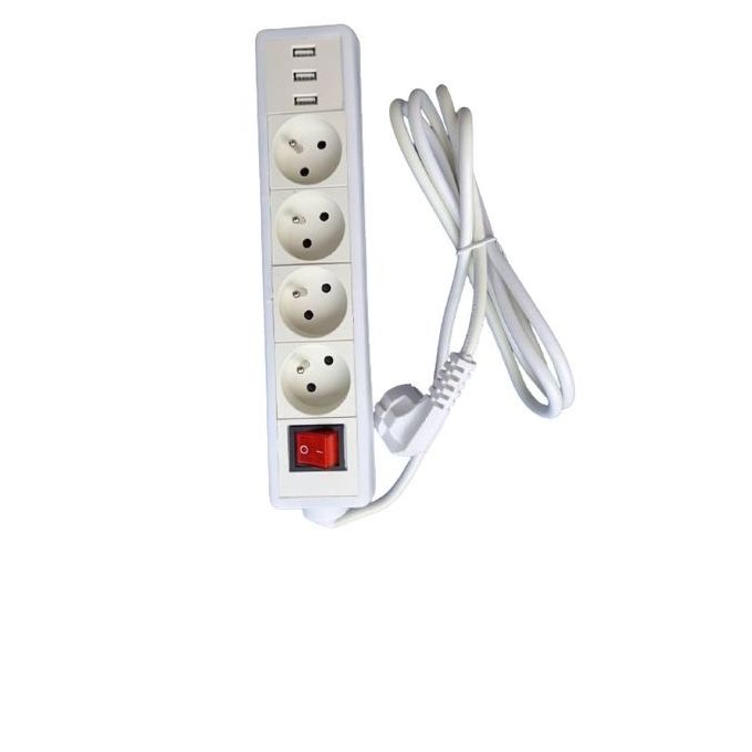 Multiprise Filaire + Interrupteur - 4 Prises - 3 Ports USB - Blanc