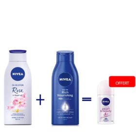 NIVEA Lait Nourissant – 250ml + Lotion à l'huile d'Argan et de Rose – 200ml + Roll On Pearl and Beauty Offert