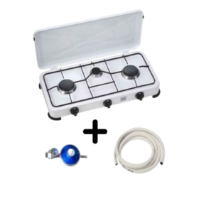 Réchaud Cuisinière à Gaz 3 Feux + Raccord Avec Détenteur De Gaz