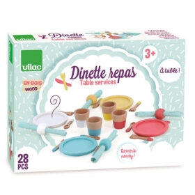 DINETTE SET EN BOIS-REPAS-TABLE DE REPAS-28PCS+3ANS-VILAC