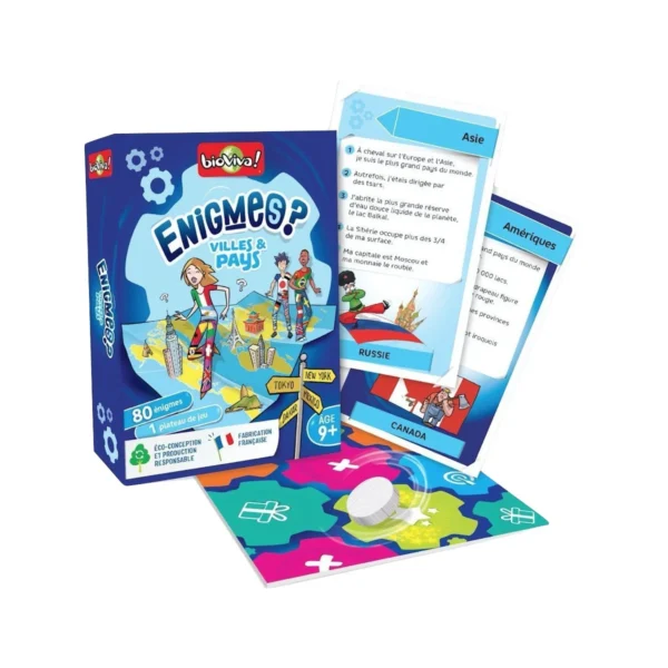 Jeu énigmes ville et pays 80 énigmes 1 plateau de jeu+9ans