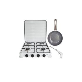 Campus Cuisinière De Table 4 Feux Avec Couvercle Strié En Inox + Allume Gaz Et Poêle Offerts