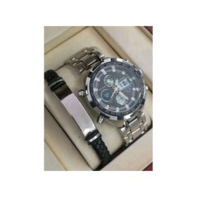 Montre Homme Haut De Gamme Quamer + Bracelet Gris Fond Noir