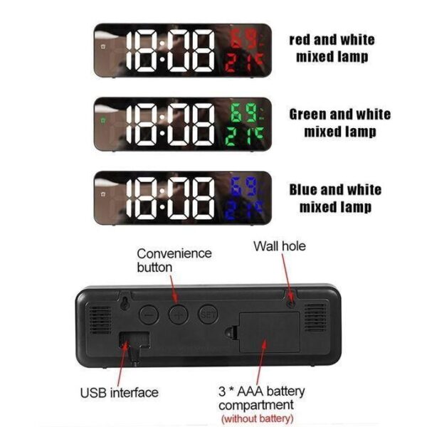 Réveil électronique Miroir Grand écran Horloge Murale Numérique LED
