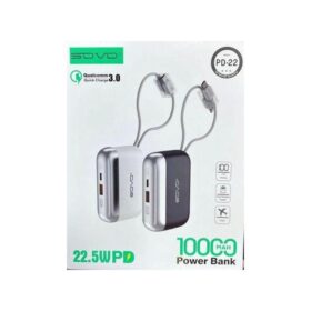 Sovo Power Bank 10000mAh PD-22 Noir – Charge Rapide 22.5W PD - Câble Type-C