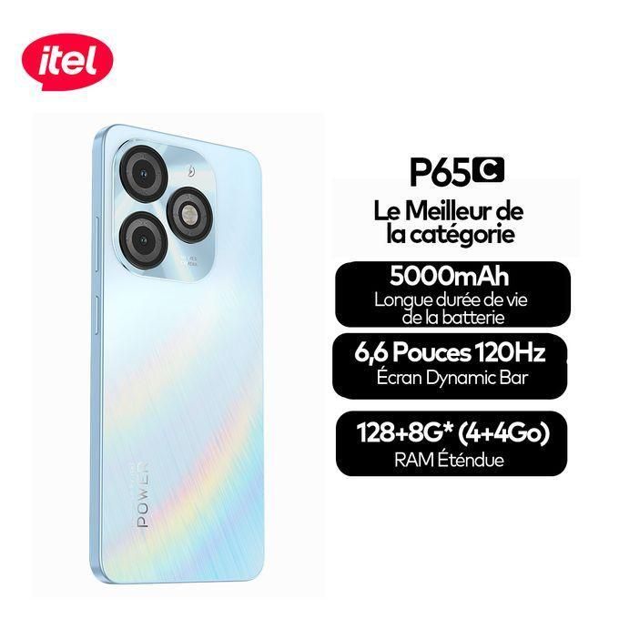 Itel P65 C - Bleu Ocean Ecran 6.6'' HD - 128 Go/4Go Ram + 4Go Extensible - 13MP+IA /8MP - 5000mAh