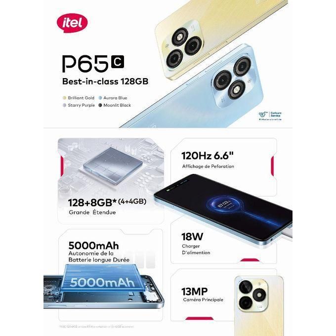 Itel P65 C - Bleu Ocean Ecran 6.6'' HD - 128 Go/4Go Ram + 4Go Extensible - 13MP+IA /8MP - 5000mAh