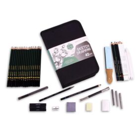 Kit de dessin Levin Art Sketching Pencils 42 pièces avec étui de transport zippé (26 crayons, 6 bâtonnets, 3 estompes, 3 gommes, 1 taille-crayon, 1 papier de verre, 1 cutter, 1...